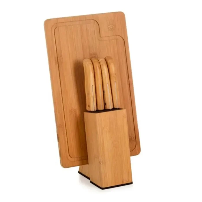 Conjunto Para Cozinha Com Cepo Em Bambu / Madeira / Inox - 6 Pçs - KT-90163