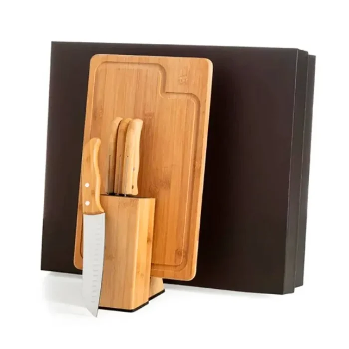 Conjunto Para Cozinha Com Cepo Em Bambu / Madeira / Inox - 6 Pçs - KT-90163