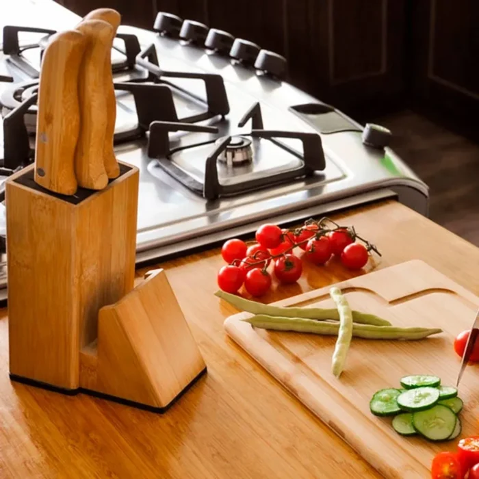 Conjunto Para Cozinha Com Cepo Em Bambu / Madeira / Inox - 6 Pçs - KT-90163