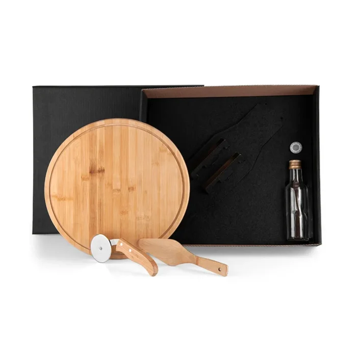 Kit Para Pizza Com Garrafa - Bambu / Inox / Vidro - 4 Pçs - KT-90169