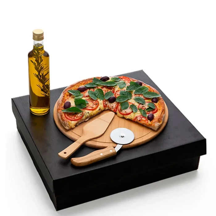 Kit Para Pizza Com Garrafa - Bambu / Inox / Vidro - 4 Pçs - KT-90169
