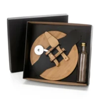 Kit Para Pizza Com Garrafa - Bambu / Inox / Vidro - 4 Pçs - KT-90169