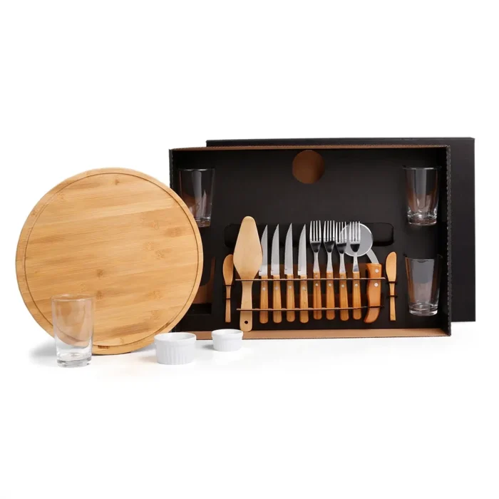 Kit Pizza Em Bambu Com Copos - 19 Pçs - KT-9019X