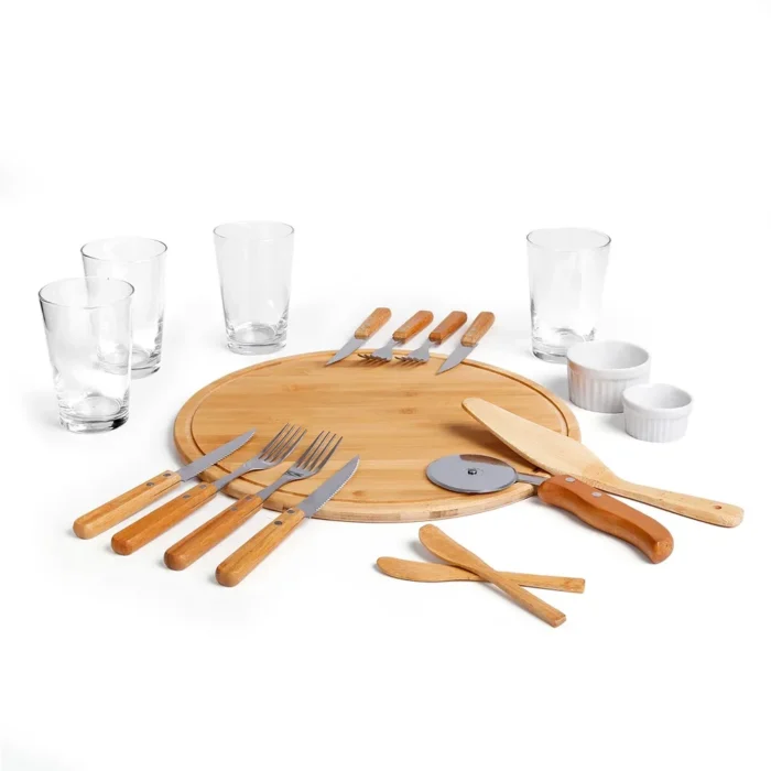 Kit Pizza Em Bambu Com Copos - 19 Pçs - KT-9019X