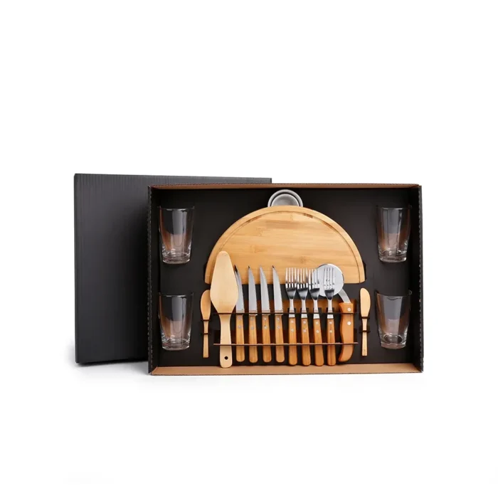 Kit Pizza Em Bambu Com Copos - 19 Pçs - KT-9019X