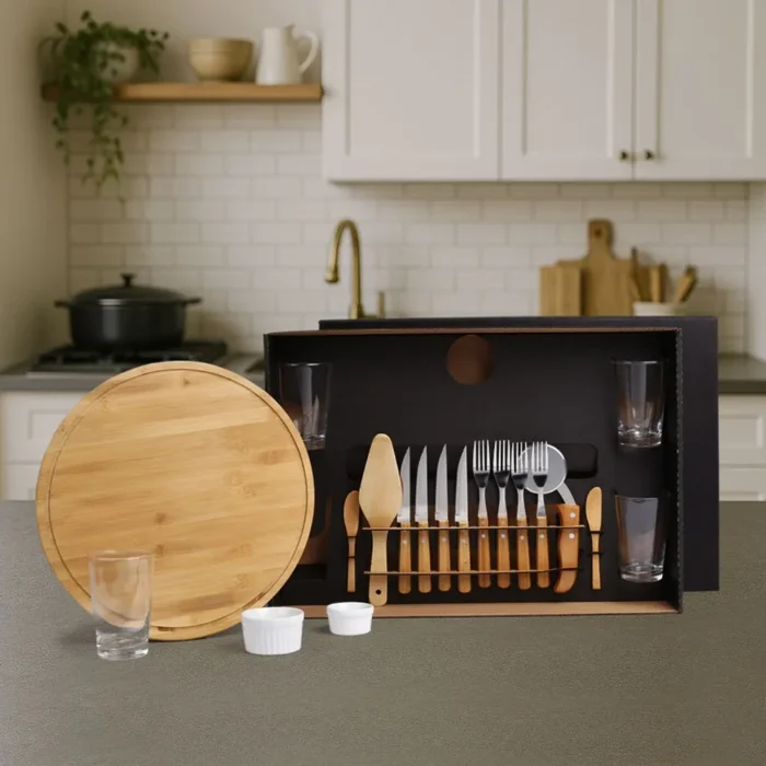Kit Pizza Em Bambu Com Copos - 19 Pçs - KT-9019X