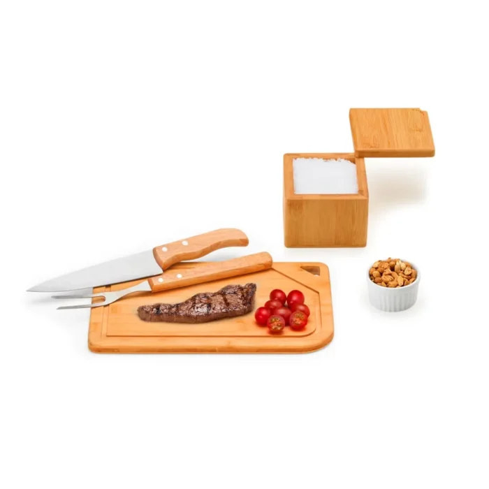 Kit Para Churrasco Em Bambu / Madeira / Inox - 5 Pçs - KT-90482